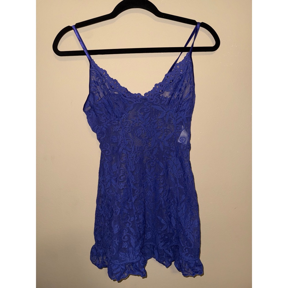 Coquette Royal Blue Floral Lace Ruffle Hem Chemise Lingerie Nightie  Romantic XS